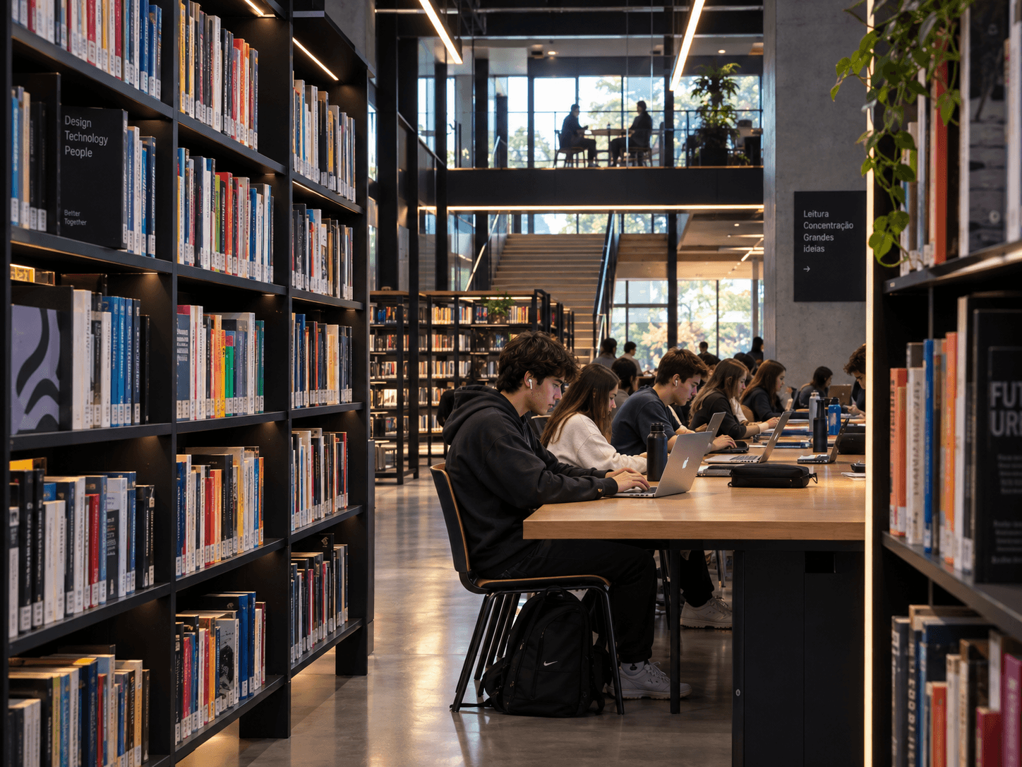 Estudantes concentrados em uma biblioteca contemporânea